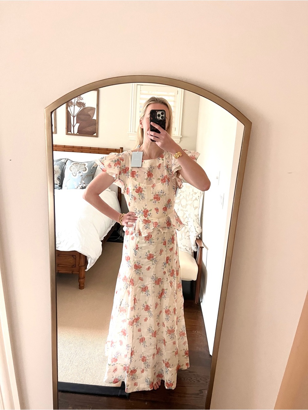 NWT Hill House Cream Floral Maxi Dress with Pink & Coral Blooms